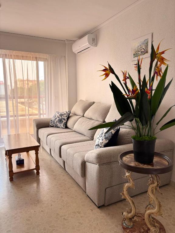 a living room with a couch and a table with a plant at Terraza Soleada in Puerto de Gandía