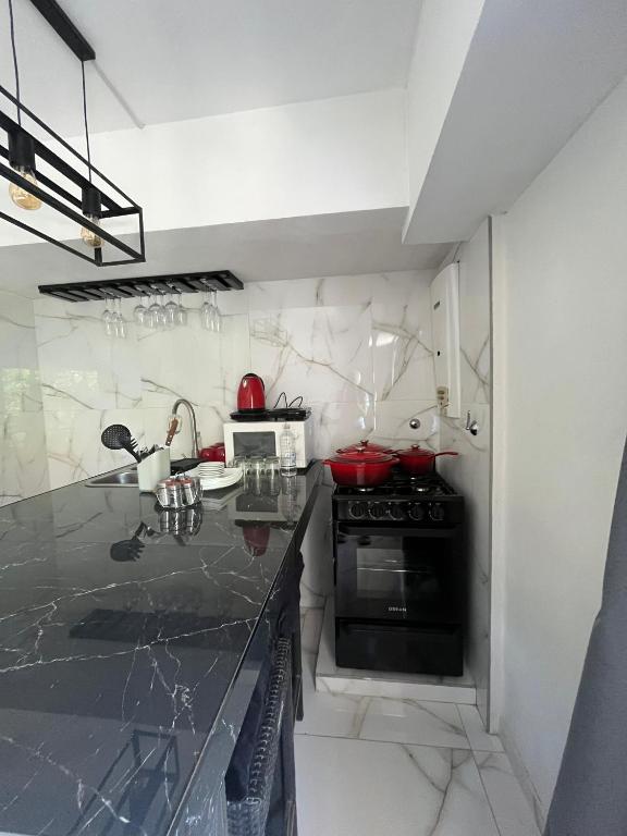 a kitchen with a black and white counter top at Vicco in Pinamar