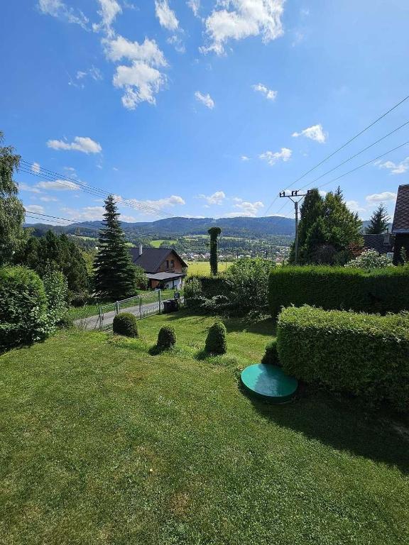 a frisbee sitting on the grass in a yard at Rodinná chata Alexa, Beskydy in Prostřední Bečva