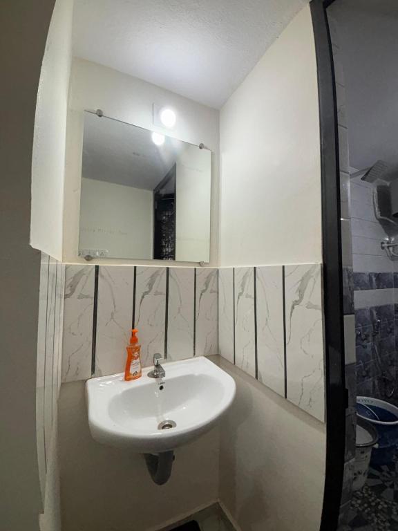 a bathroom with a sink and a mirror at Athityam Home Stay in Honāvar
