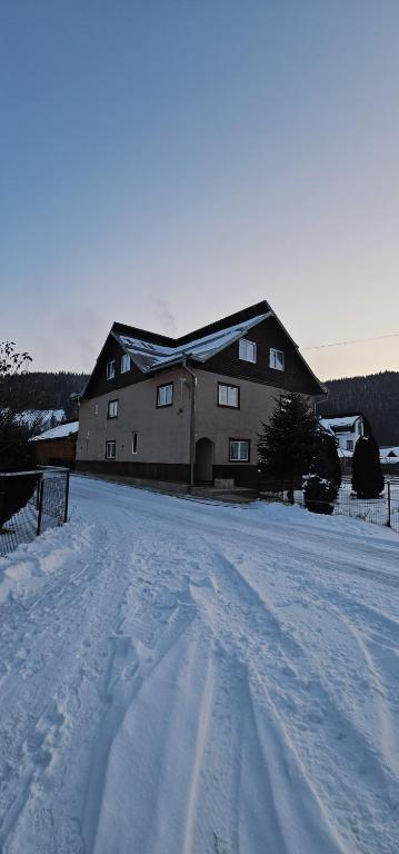 a house with snow on the ground in front of it at Casa LUMINITA in Cîrlibaba