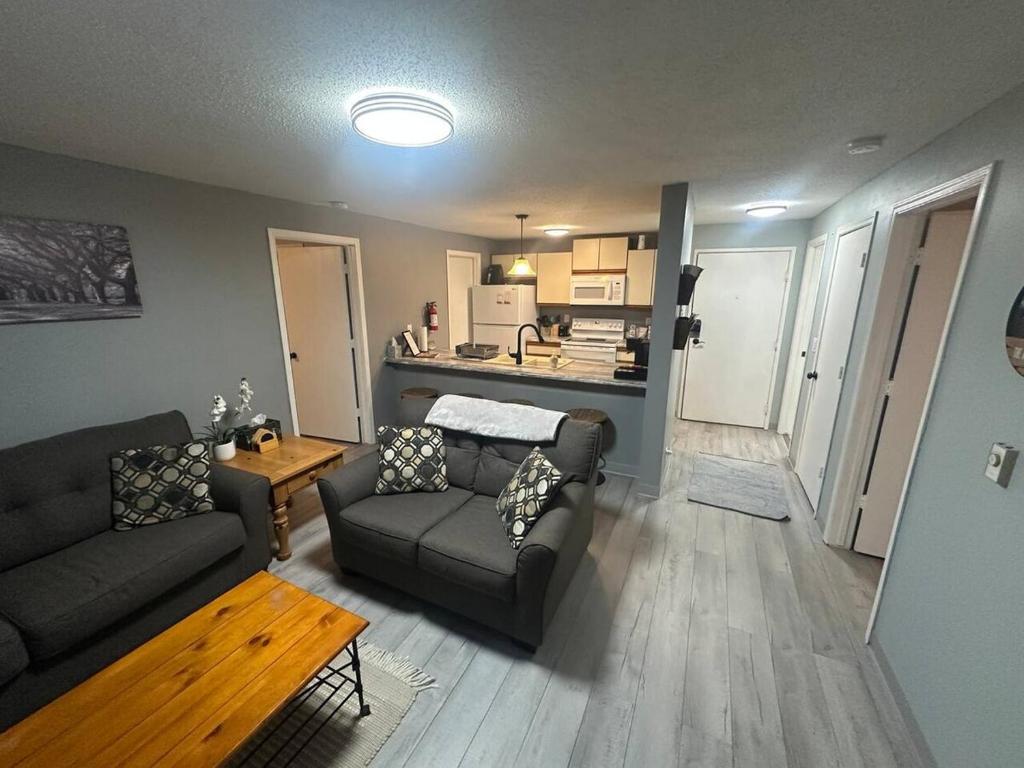 a living room with two couches and a kitchen at Homestake Haven in Lead