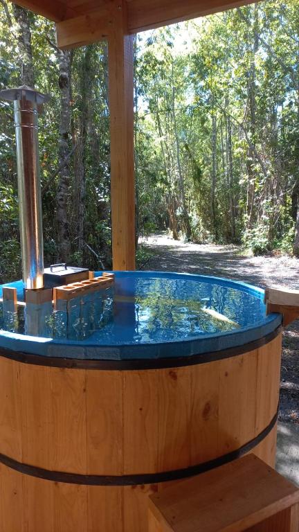 a hot tub in the middle of a forest at Cabaña pilina in Pucón