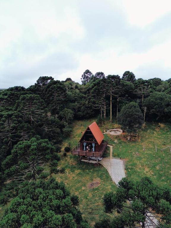 an aerial view of a cabin in the middle of a forest at Chalé Mont Valle in Bom Jardim da Serra