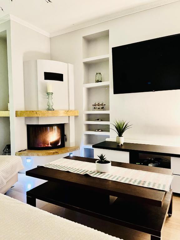 a living room with a fireplace and a tv at Apartament z kominkiem i prywatnym mini SPA in Gdynia