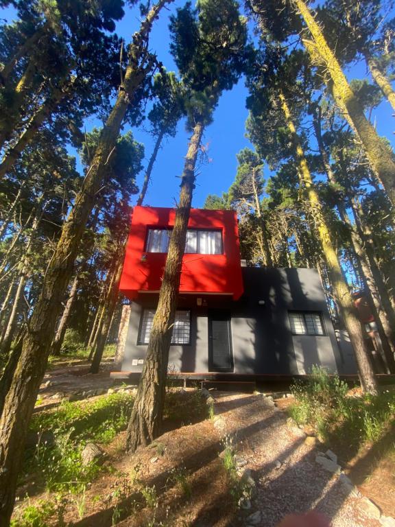 a house in the woods with a red roof at Bosque Libertad Loft in Mar Azul