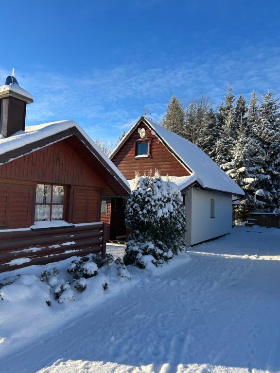a house with snow on the ground in front of it at Chata Olívia in Oravská Lesná
