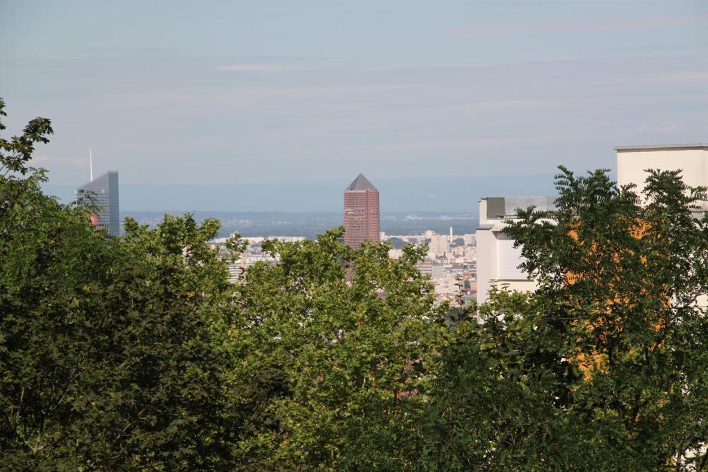 a city skyline with trees in the foreground at Les Hauts de Perrache in Sainte-Foy-lès-Lyon
