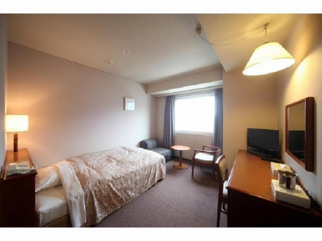 Cette chambre comprend un lit, un bureau et une télévision. dans l'établissement Hotel Crown Hills Takefu, à Echizen