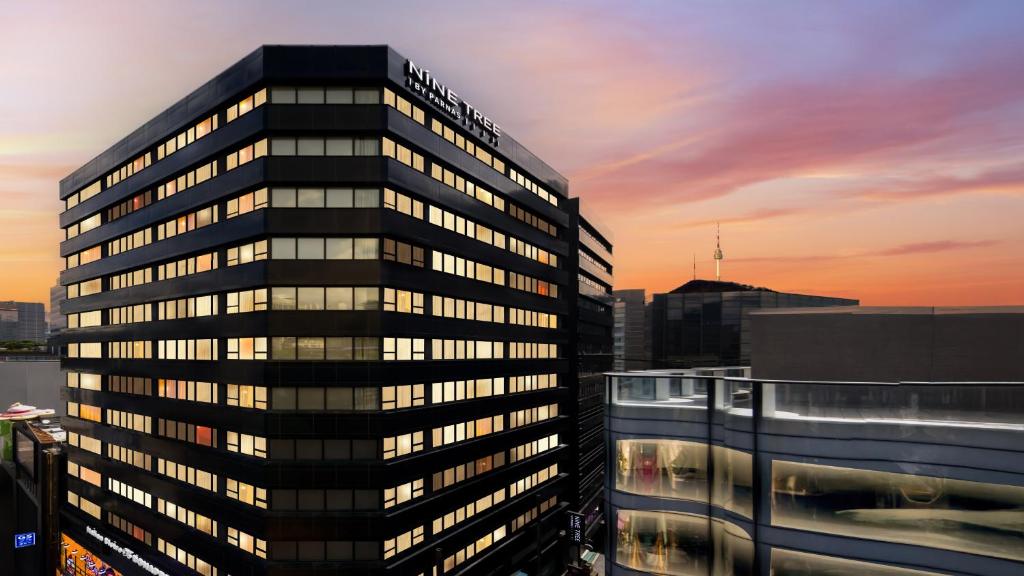 a tall black building with a sunset in the background at Nine Tree by Parnas Seoul Myeongdong 1 in Seoul