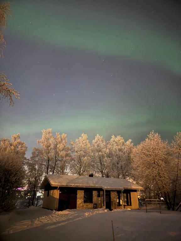 a house covered in snow with trees in the background at Aurora riverside home in Rovaniemi
