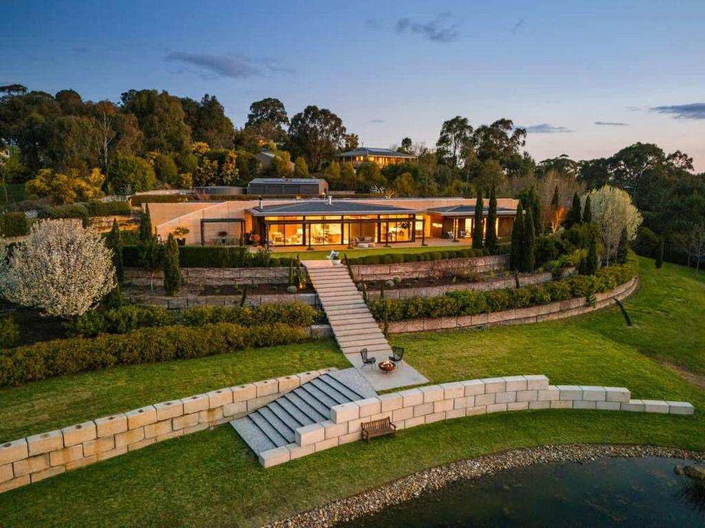 an aerial view of a house with a garden at The Meldrum in Beechworth