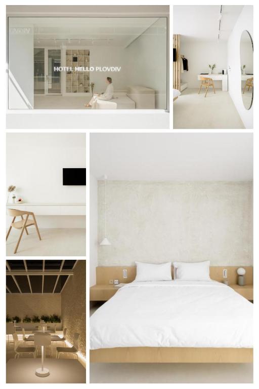 eine Collage aus Bildern eines Schlafzimmers und eines Wohnzimmers in der Unterkunft Hotel Hello Plovdiv - Free Parking and Pet Friendly in Plowdiw