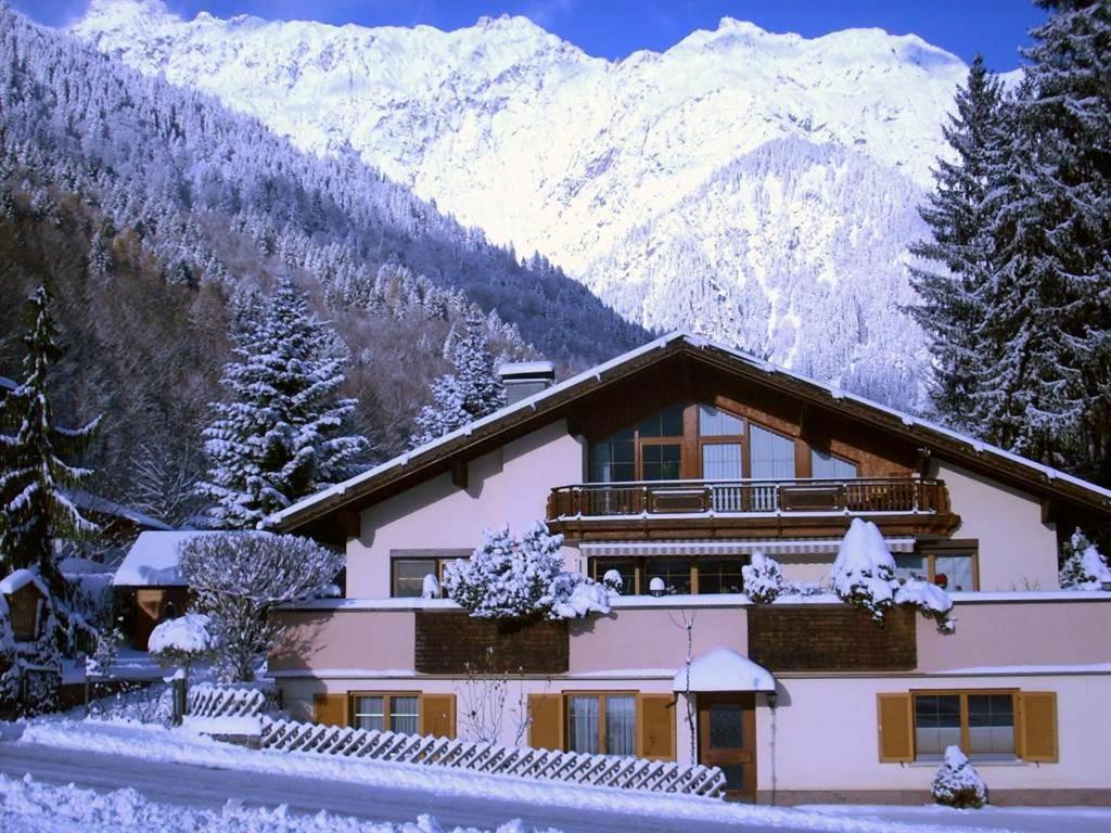 a building with snow covered mountains in the background at White Summit Appartement in Vandans