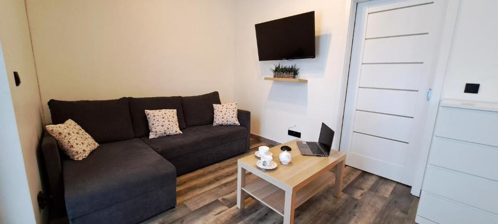 a living room with a couch and a table at Quiet Apartment in Oświęcim