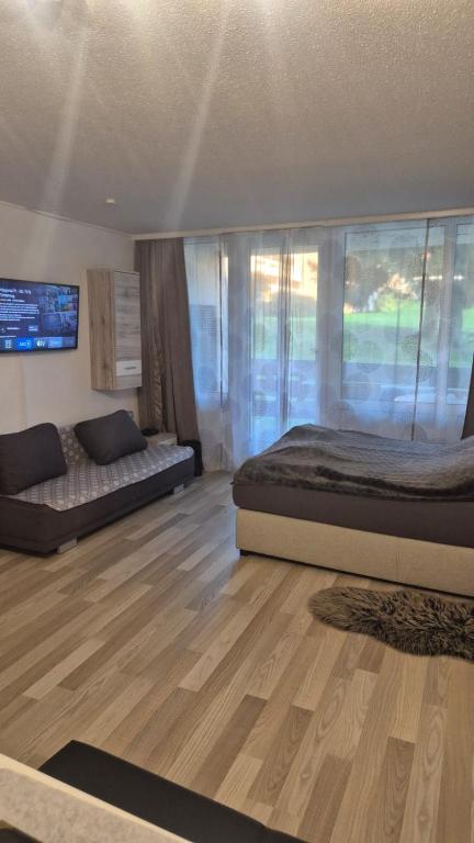 a bedroom with a bed and a couch in it at Ferienwohnung Phin in Sankt Englmar, mit Pool, activCard und Smart TV in Sankt Englmar