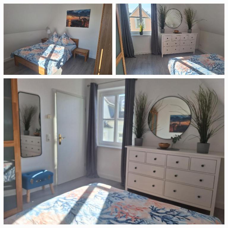two pictures of a bedroom with a bed and a dresser at Wohnung Sonnenschein Wolgast in Wolgast