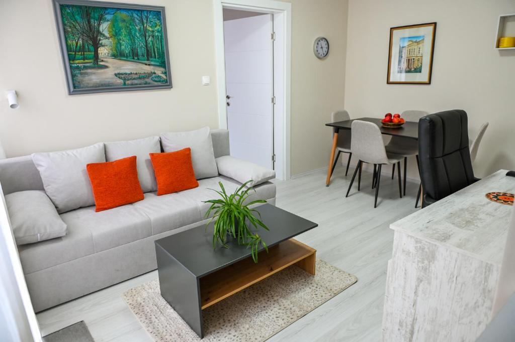 a living room with a couch and a table at Solaris Apartment in Bitola