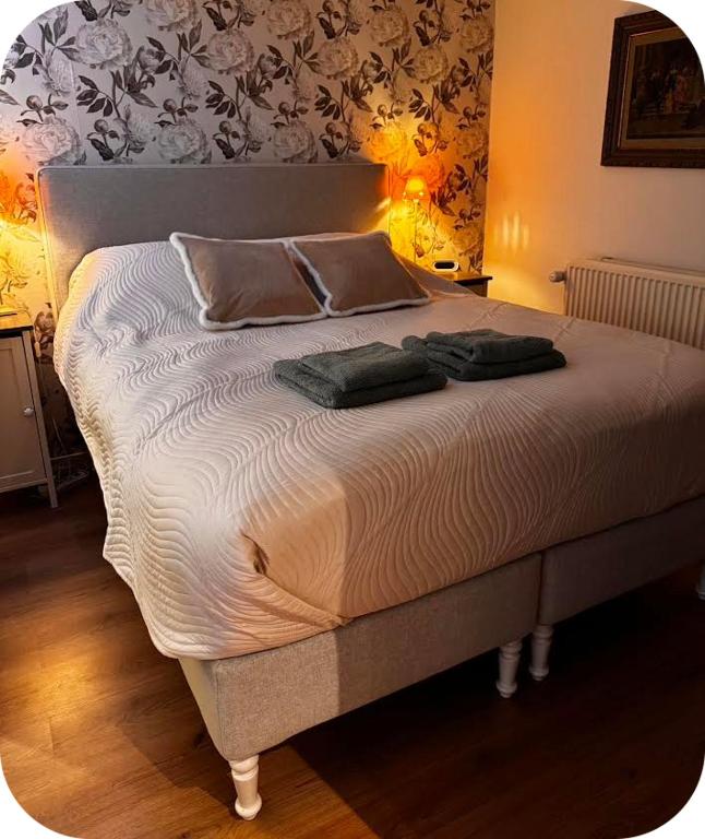 a bed with two pillows on it in a bedroom at De kleine Bongerd -The little Orchard in Hengelo