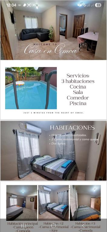 a collage of pictures of a bedroom and a swimming pool at Tu casa en Omoa in Omoa