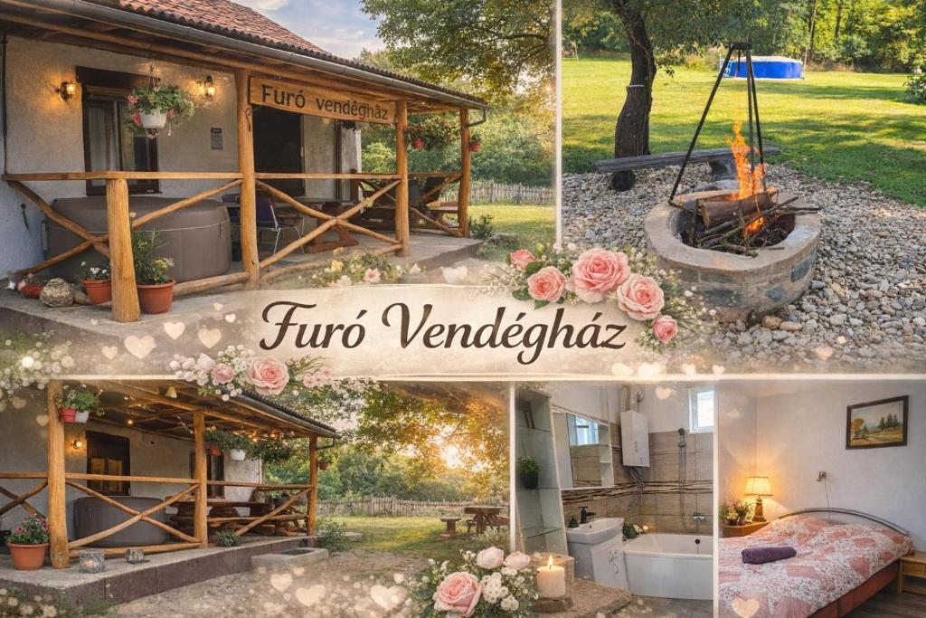a collage of photos of a house with a fire pit at Furó Vendégház in Fülöp
