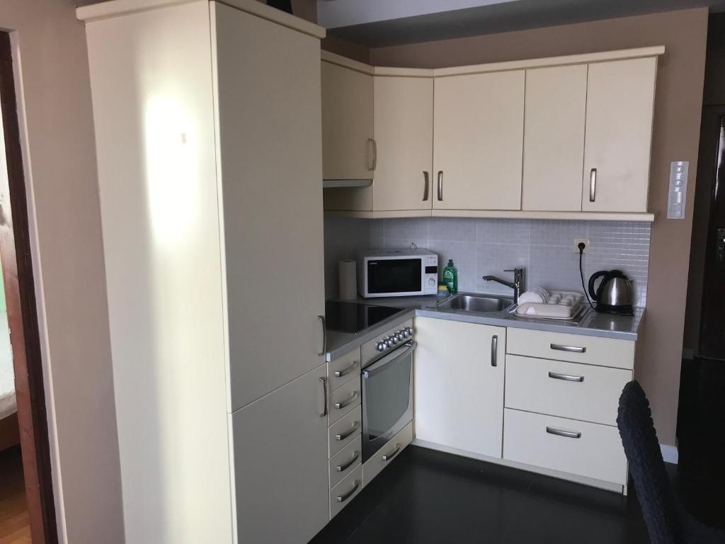 a kitchen with white cabinets and a microwave at Apartment Dream in Boreti