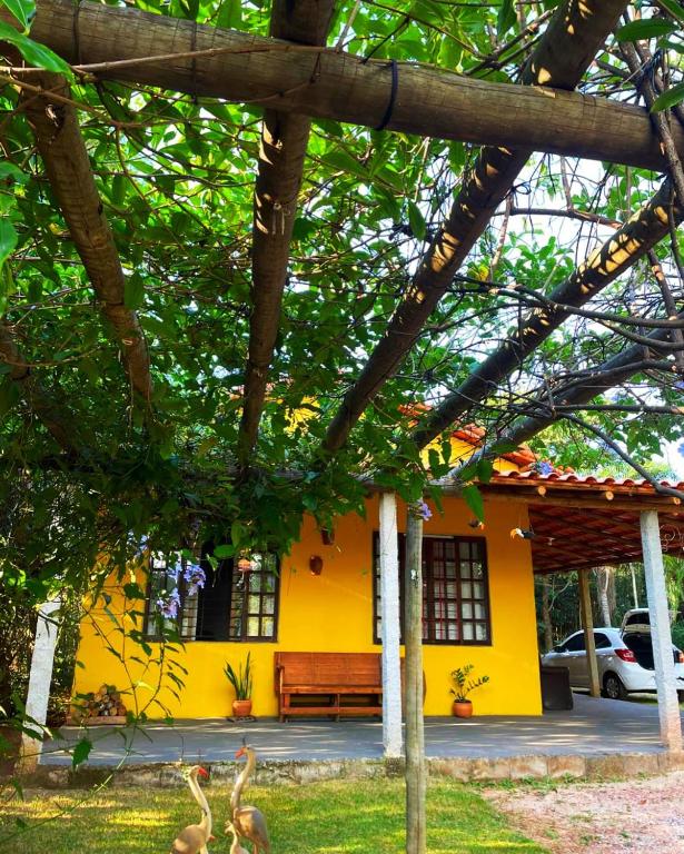 a yellow house with a bench in front of it at Bosque Love in Juatuba