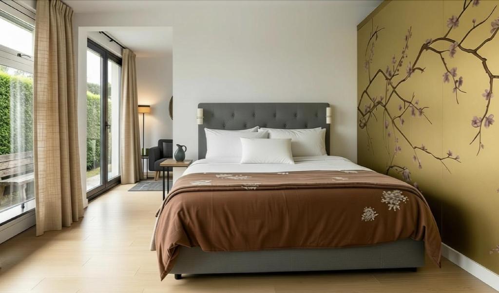 a bedroom with a bed and a large window at The East Wing Bloemendaal in Bloemendaal