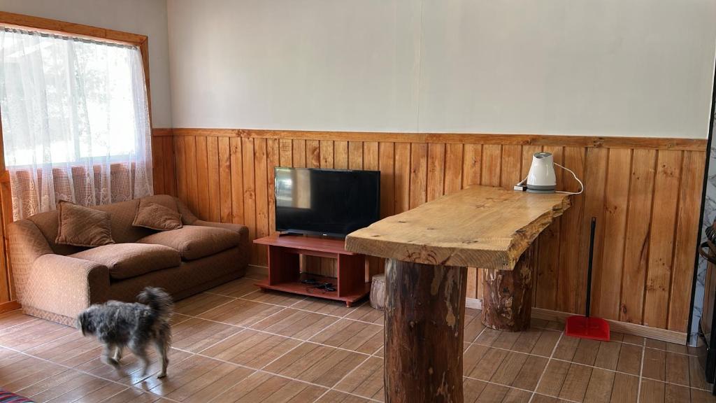 a dog walking in a living room with a wooden table at Rukas Huinkaray in Pucón