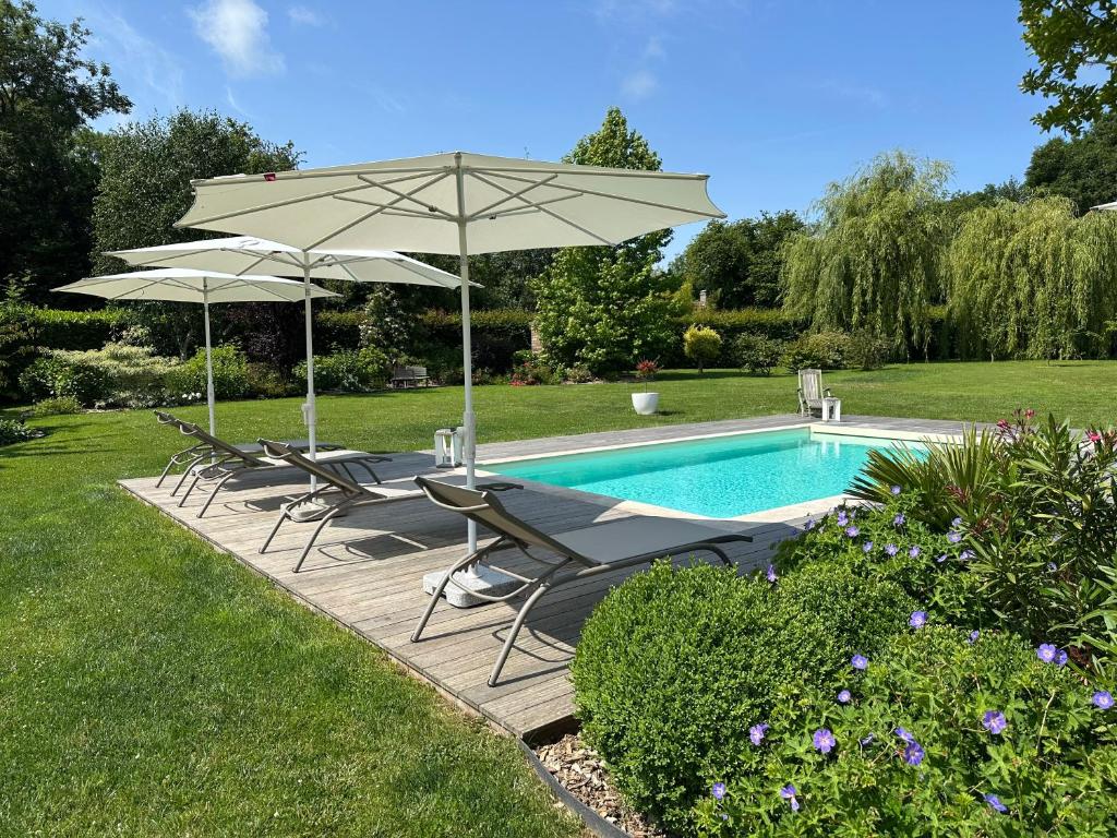 a group of chairs and umbrellas next to a pool at Au Milieu des Haras in Saint-Pierre-Azif