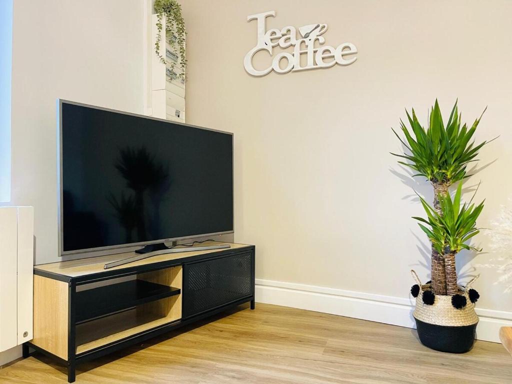 a flat screen tv sitting on a stand in a living room at Chez le Padré in Olivet