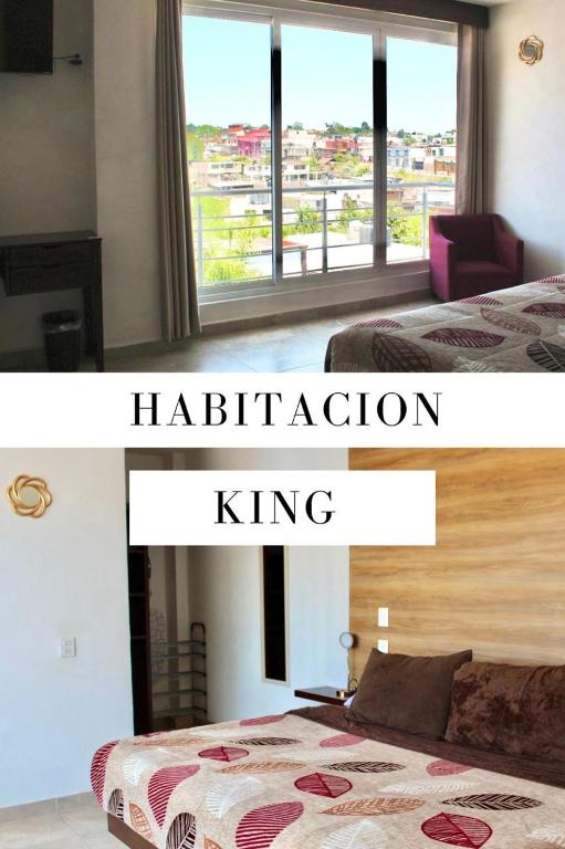 a hotel room with two beds and a window at Hotel ESTRELLA in Zacatlán