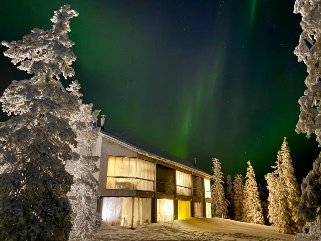 a building with a tree and the aurora in the sky at Auroras by Kaltios, Gielas, Ski-in Ski-out, Mountain view in Kittilä