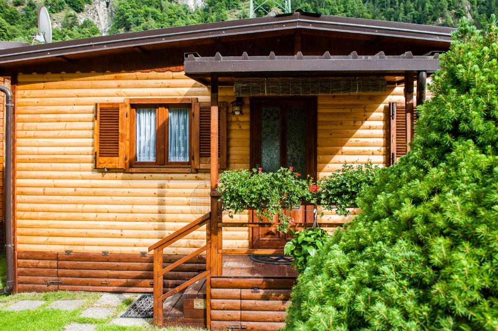 una cabaña de madera con una escalera delante de ella en Villaggio Turistico Camping Cervino, en Antey-Saint-André