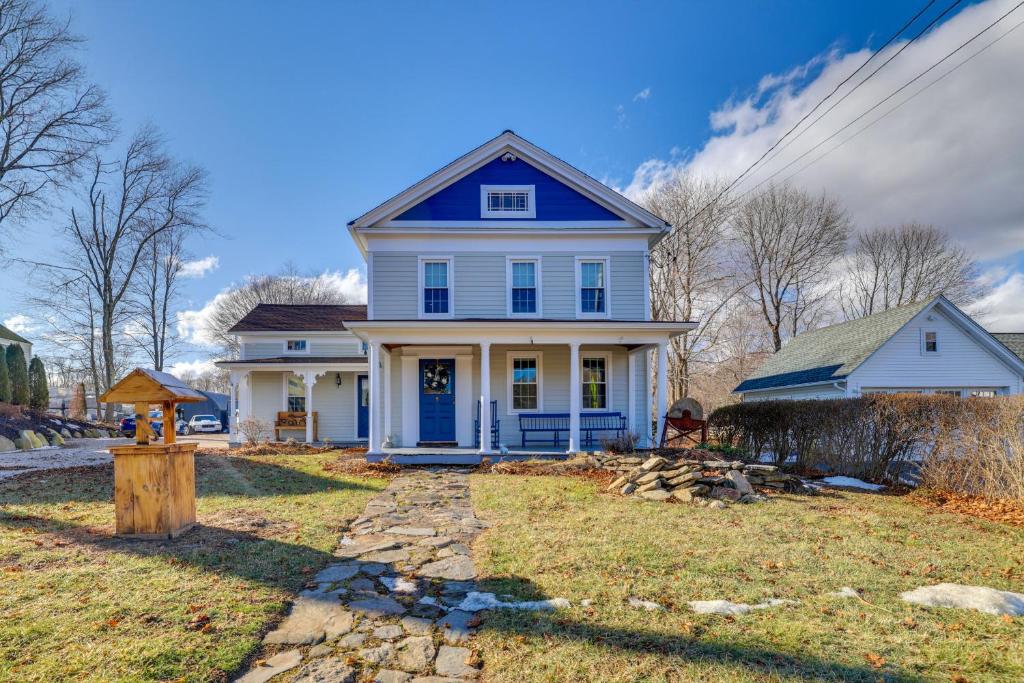 a blue and white house with a stone pathway at Walk to Memorial Park: Pet-Friendly Bethlehem Home in Bethlehem