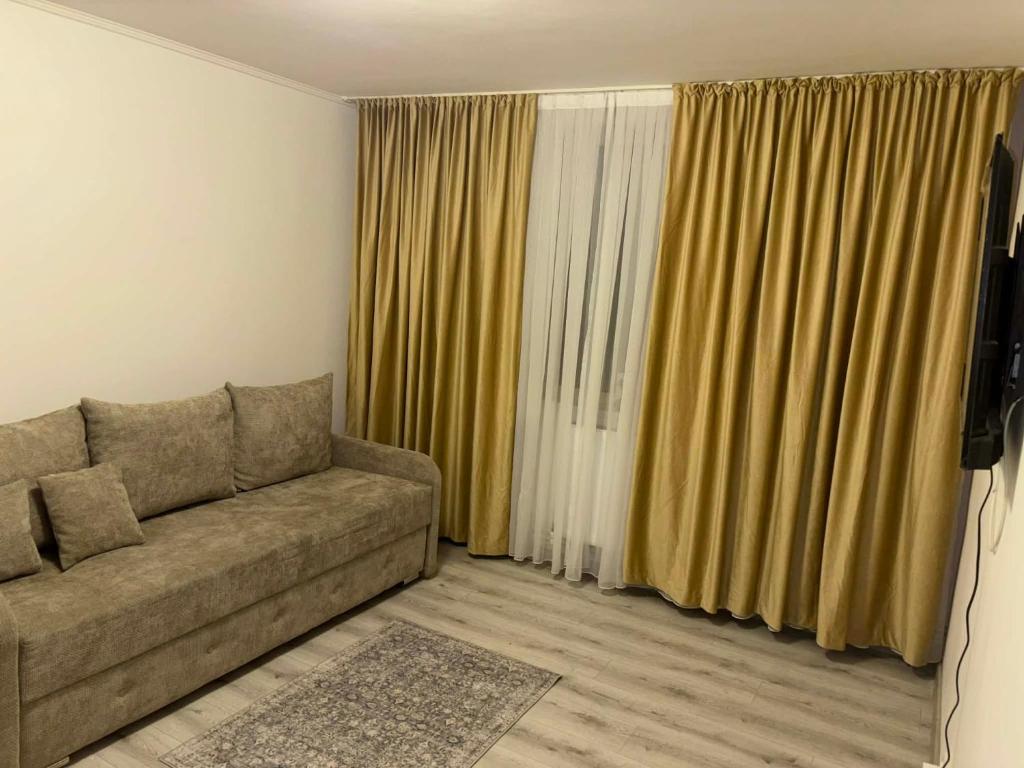 a living room with a couch and a television at La Sibip in Târgu Neamț