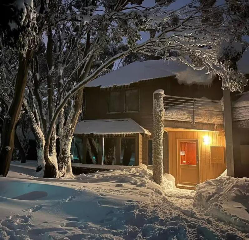 a house covered in snow at night at Sun Apartments in Mount Hotham