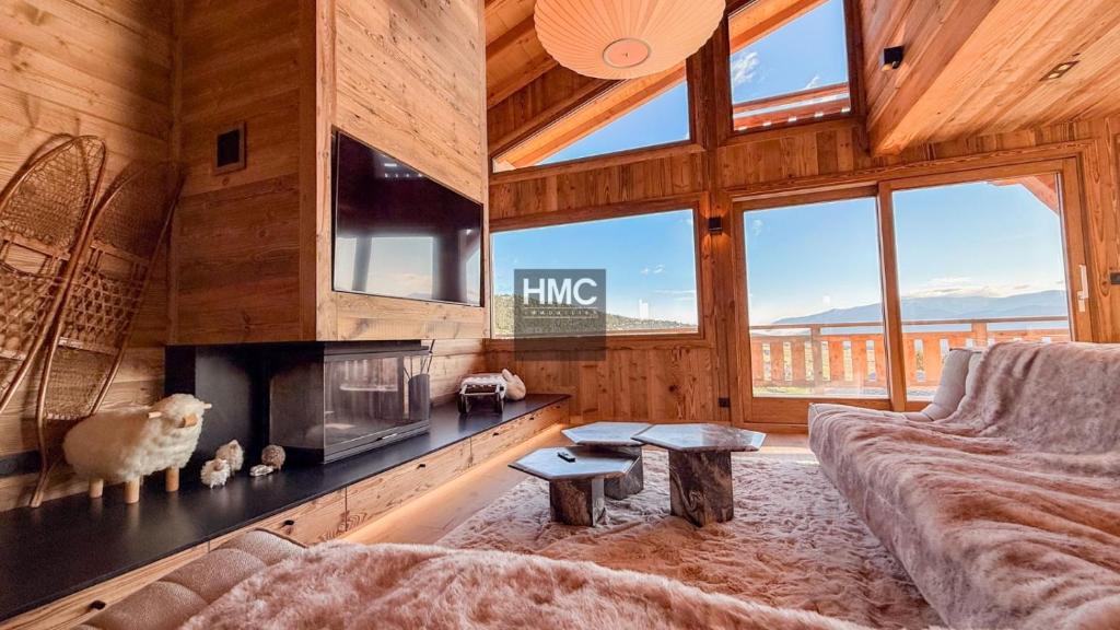 Agane skis aux pieds jacuzzi et vue montagne