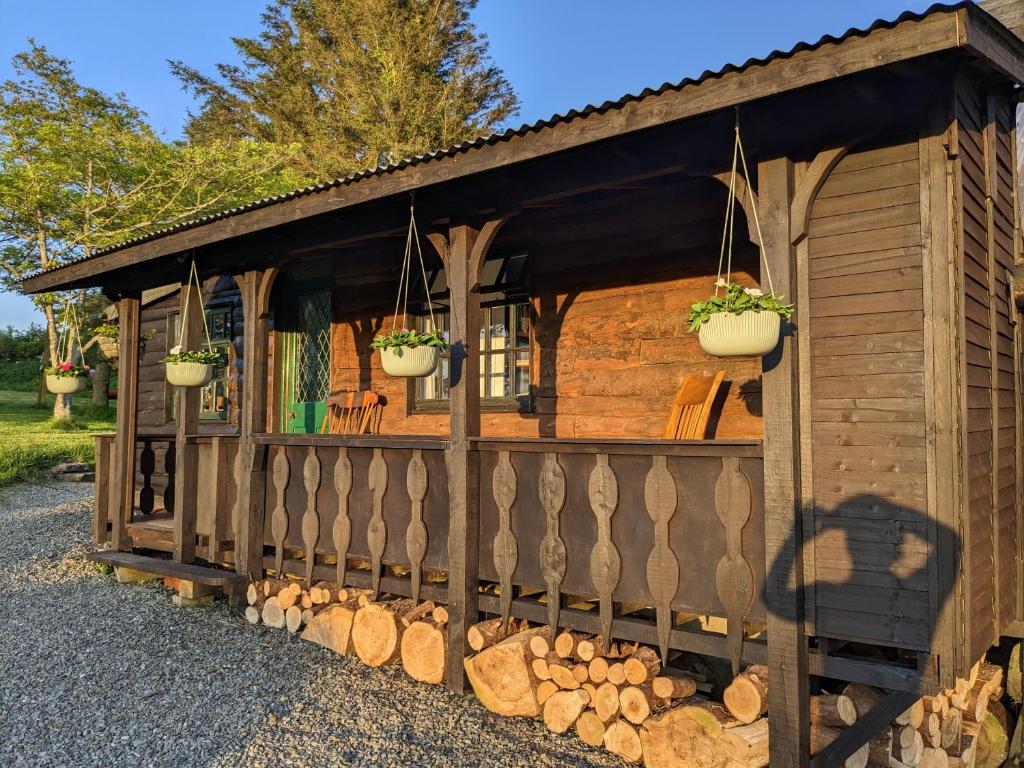 a wooden shed with two potted plants on it at Jay's Cabin in Skibbereen
