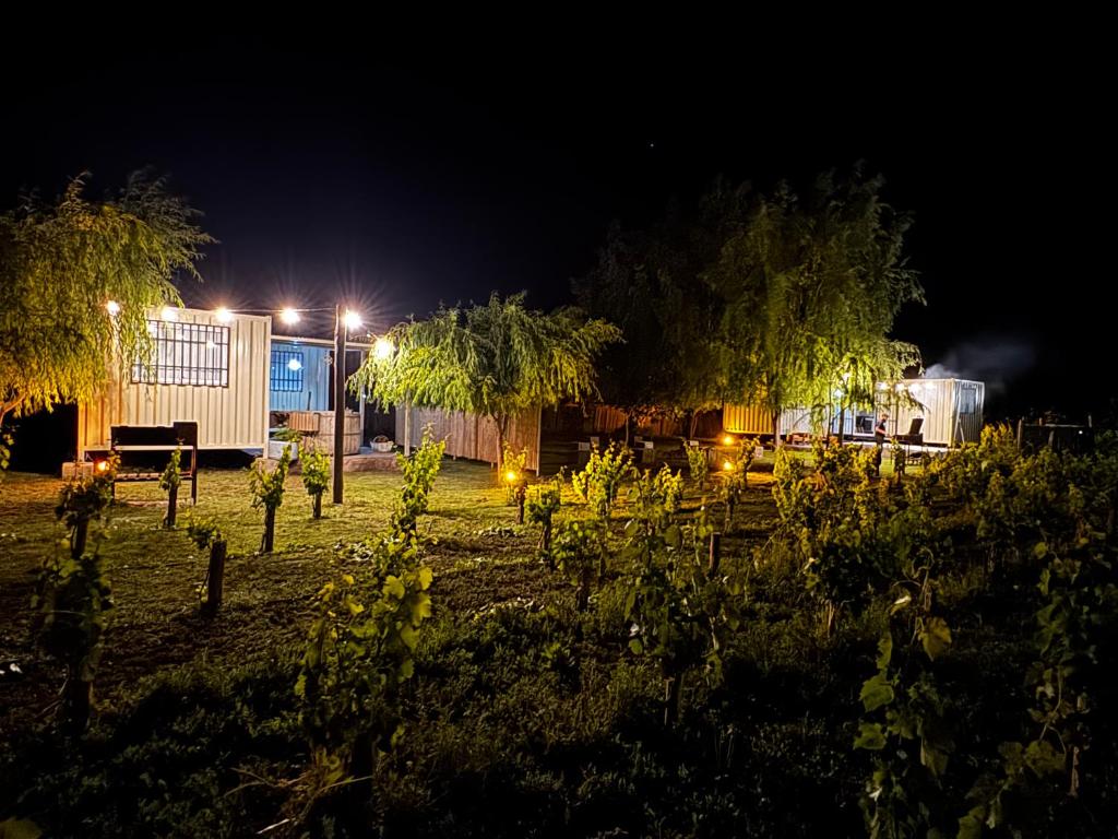 a garden at night with a building and trees at Koocoland- Xumuc in Tupungato