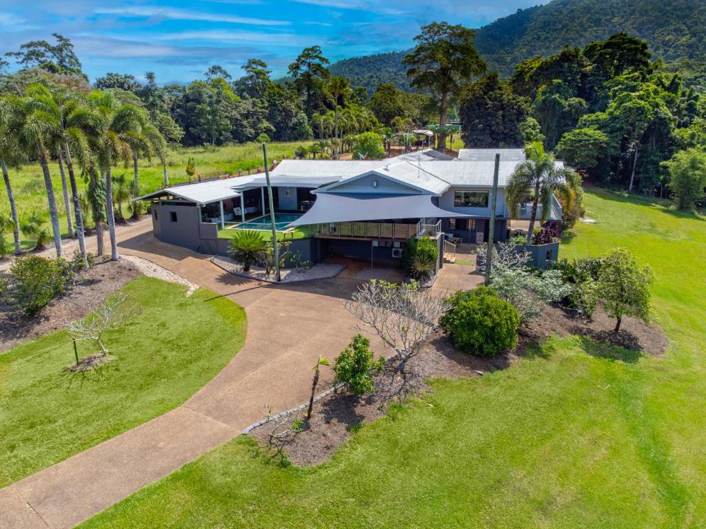 an aerial view of a house with a yard at Tranquility Retreat in Mission Beach