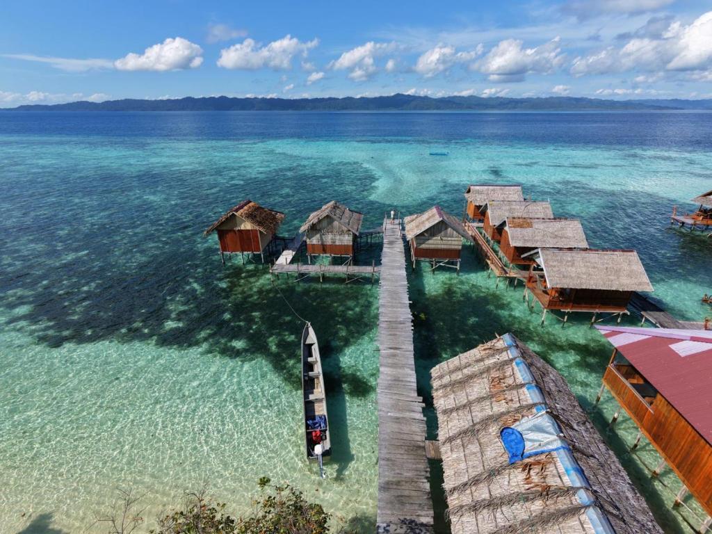 an aerial view of a pier and a boat in the water at Adefiro homestay in Waisai