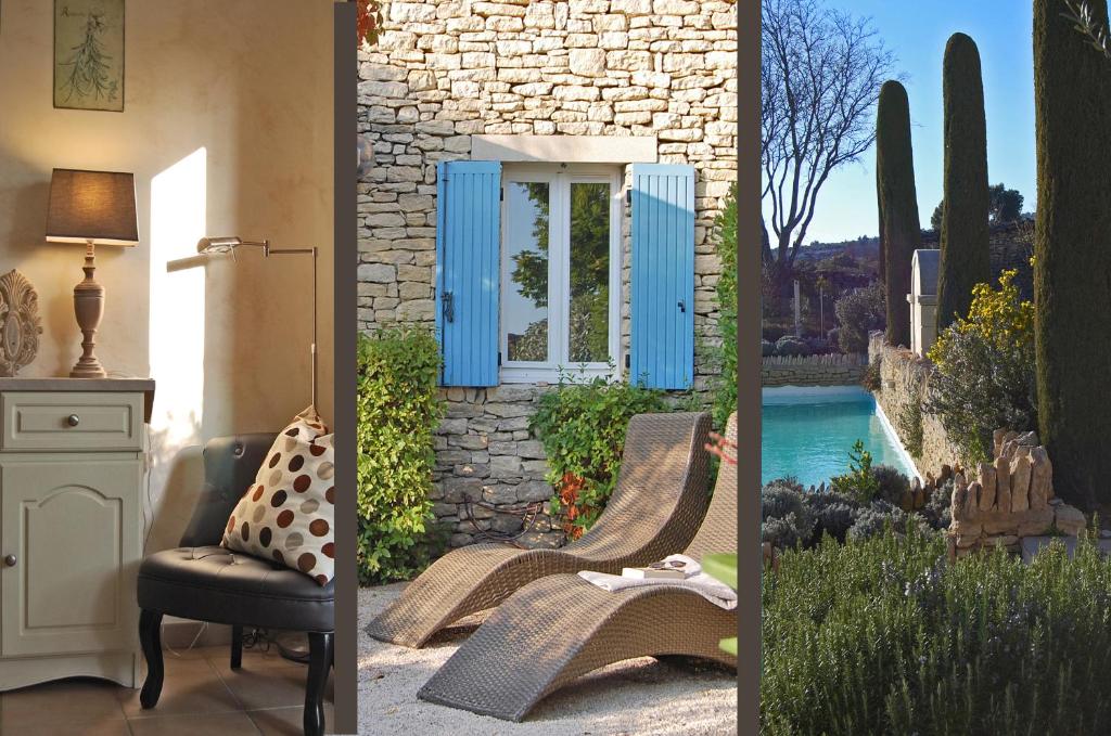 two pictures of a house with a door and a chair at Cyprès du Paradis à Gordes in Gordes