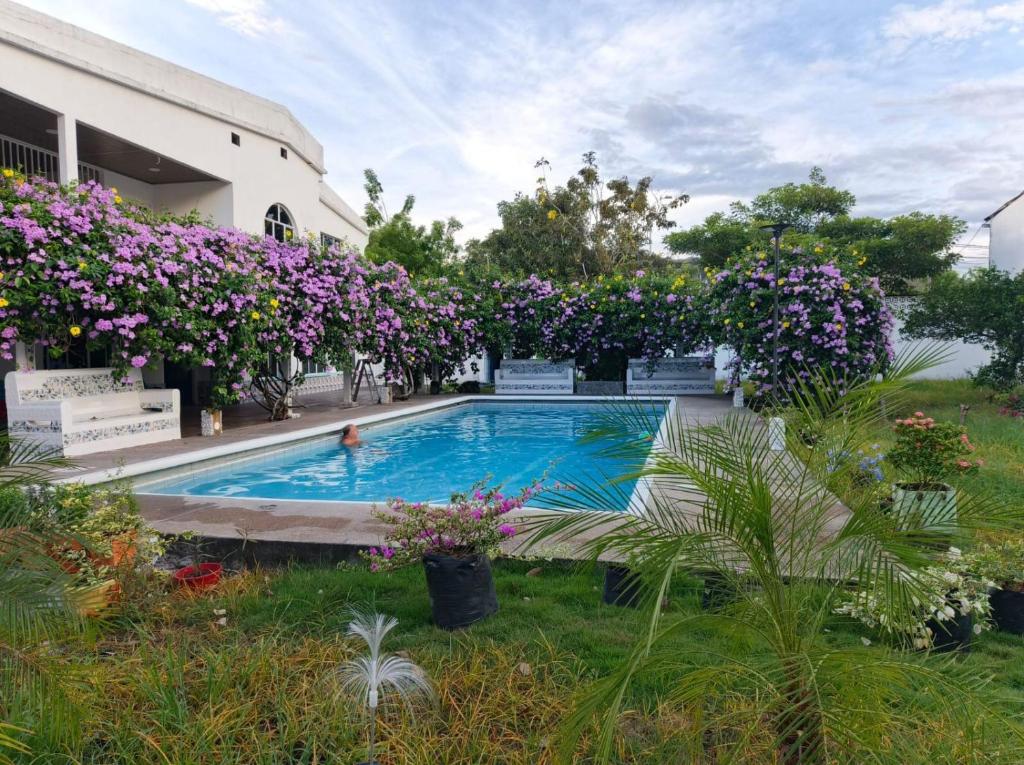 a swimming pool in a yard with purple flowers at Casa Barcelona in Honda