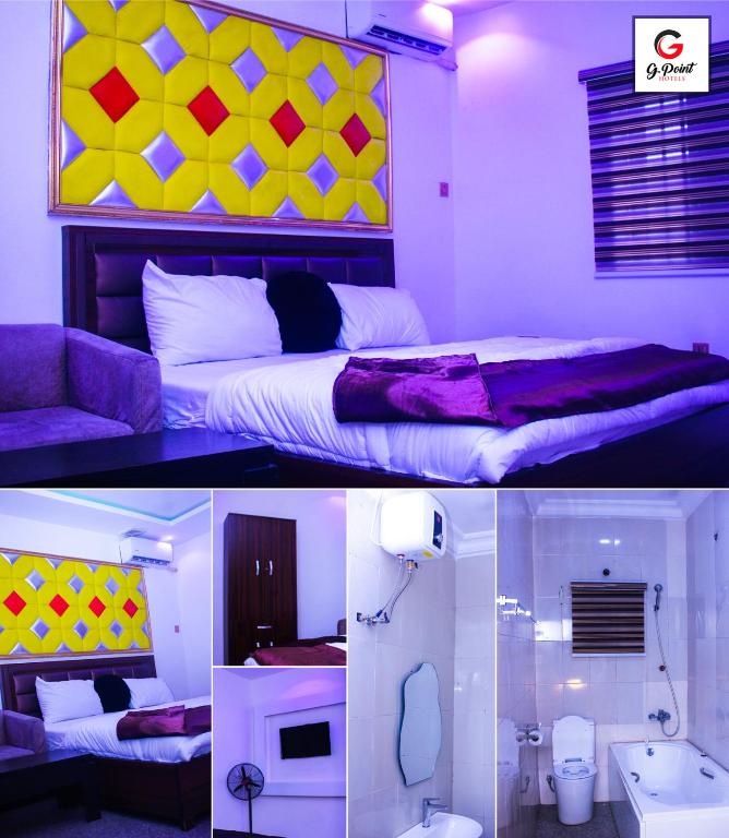 two pictures of a bedroom with a bed and a bathroom at G Point Hotel Ikeja in Mama