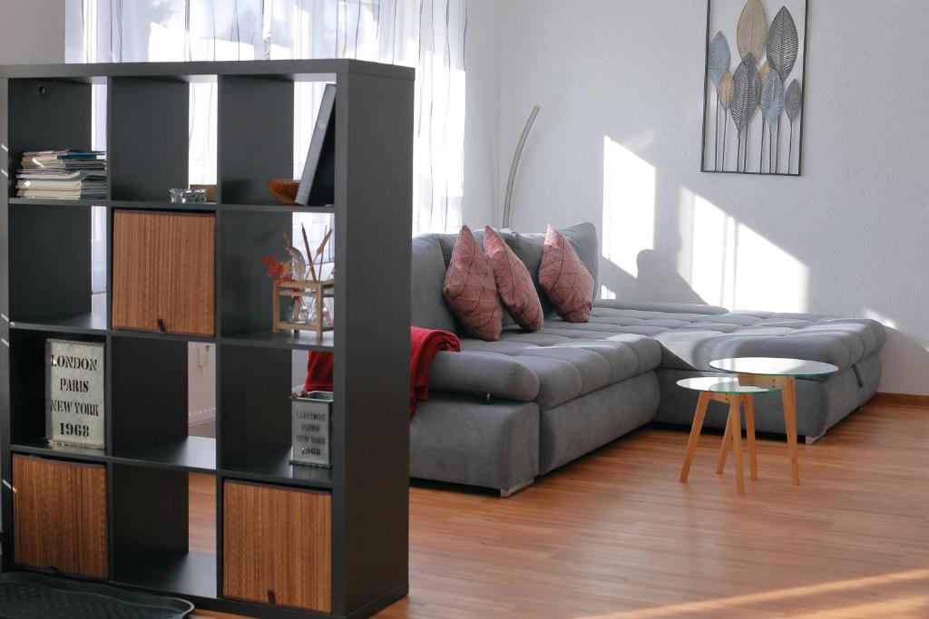 a living room with a couch and a book shelf at Albglück in Gammertingen