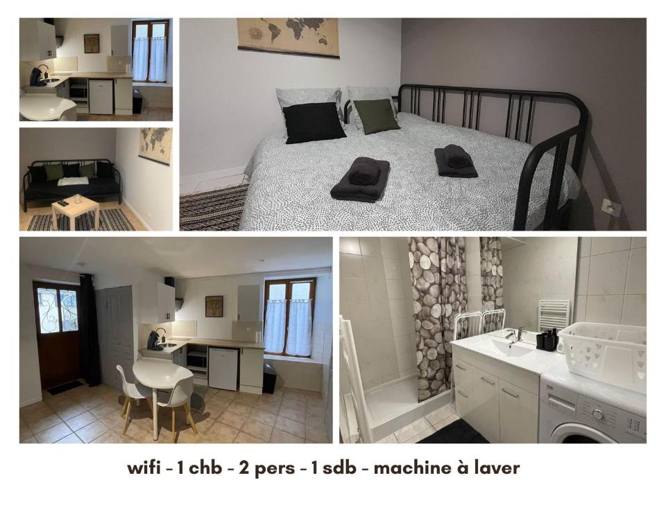 two pictures of a bedroom with a bed and a bathroom at Studio cosy la Théols à Issoudun in Issoudun