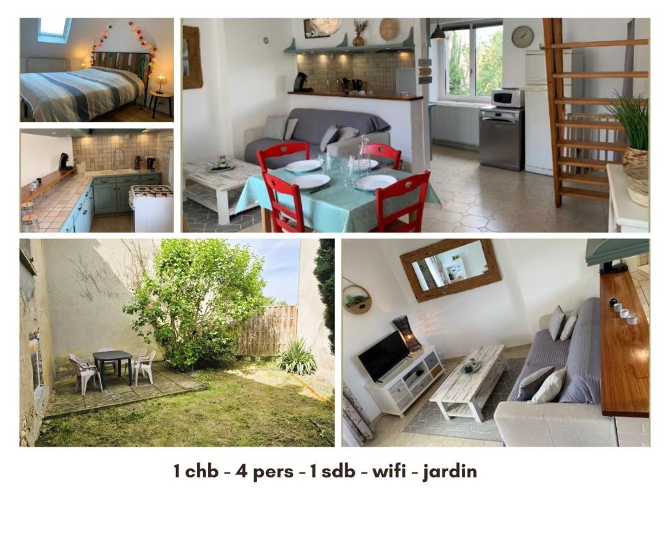 a collage of pictures of a living room and a kitchen at maison proche du lac in Châteauroux