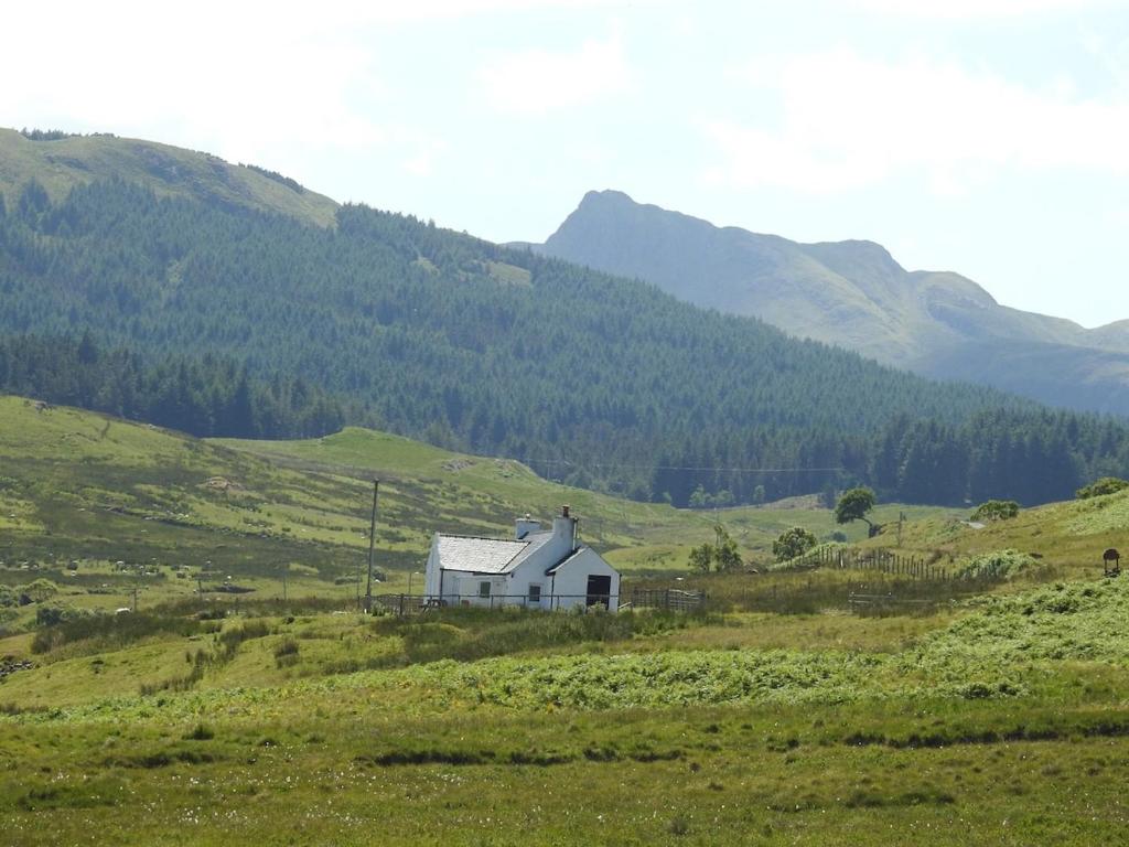 a white house in a field with mountains in the background at Braehouse cottage in Kilmory
