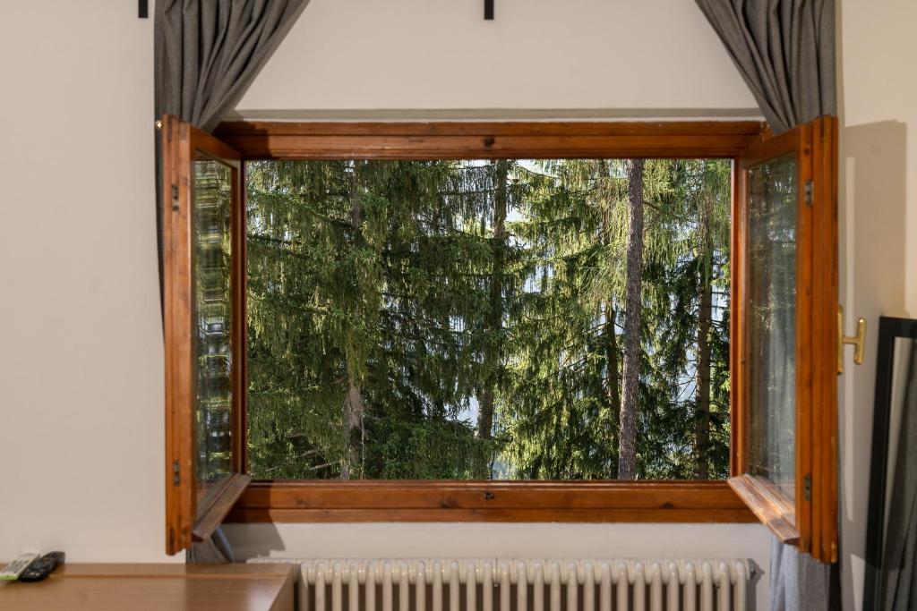 a window with a view of the forest at Smart Hotel Renzi in Folgarida